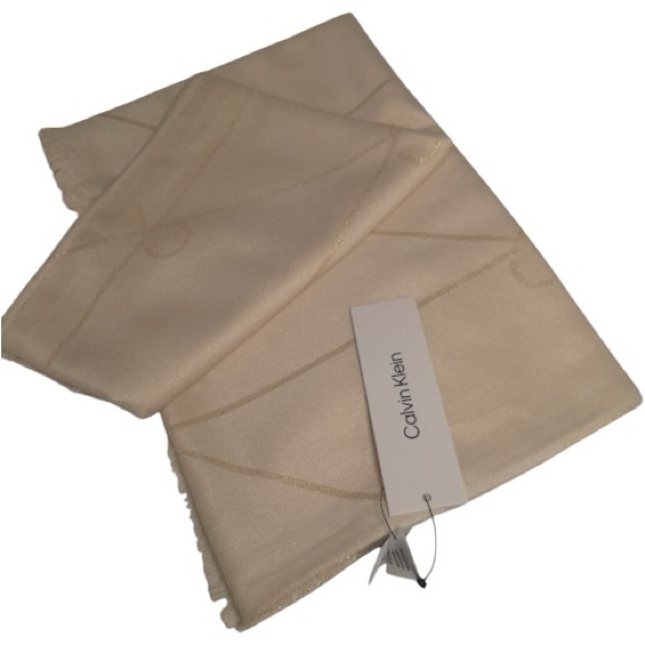 Calvin Klein Diagonal Metallic CK Logo Cream Scarf Wrap - Picture 4 of 8